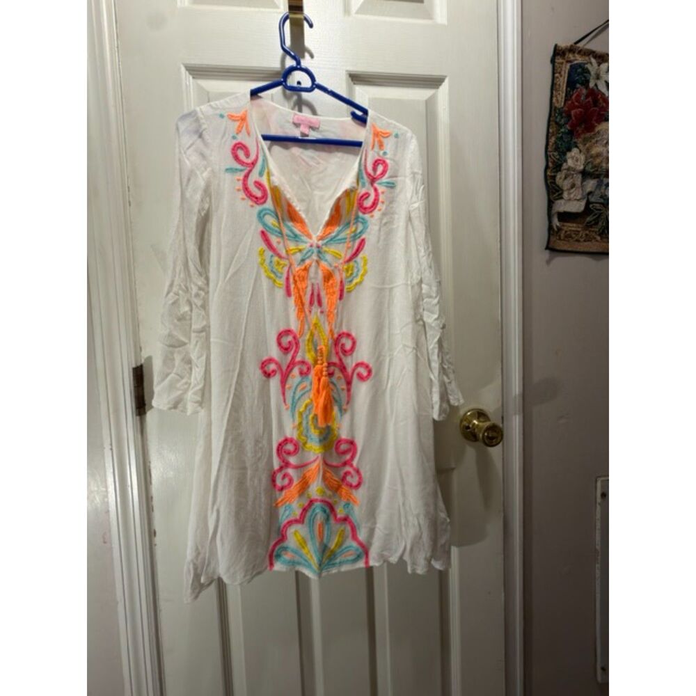 Lilly Pulitzer Bohemian White Tunic/Cover Up with Colorful Embroidery Size Small
